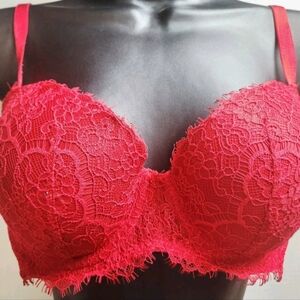 Victoria's Secret Red Lace Floral Women Bra Sz 36C Adjustable Strap Hook Closure